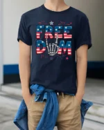 Rock On Star Spangled Banner Skeleton Hand Patriotic Tee - model wearing navy tee with hands in pockets