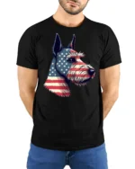 Beautiful Patriotic Schnauzer Dog USA Flag Graphic Tee - model wearing black tee with hands behind back