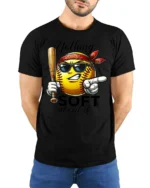 Aggressive Yellow Softball Nothing Soft About It Graphic Tee - model wearing black tee with hands behind back