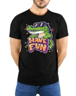 Joyful Crocodile Have Fun Sunglasses Retro Graphic Tshirt - model wearing black tee with hands behind back