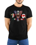 Unified North America Soccer Championship Animals Graphic Tee - model wearing black tee with hands behind back