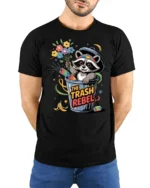 Funny Trash Rebel Raccoon Garbage Can Flower Graphic Tee - model wearing black tee with hands behind back