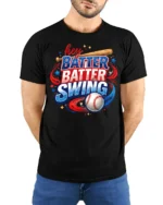 Patriotic Hey Batter Batter Swing Baseball Graphic Tee - model wearing black tee with hands behind back