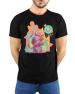 Colorful Pop Art Geometric Monkey Banana Dream Graphic Tee - model wearing black tee with hands behind back