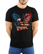 Majestic Bald Eagle USA 250 Years Freedom Bicentennial Tee - model wearing black tee with hands behind back