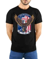 Commemorative 250th Anniversary Eagle Liberty Bell Tshirt - model wearing black tee with hands behind back