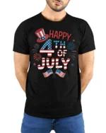 Festive Happy Fourth Of July Star Spangled Celebration Tee - model wearing black tee with hands behind back