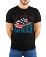 Country Pride Made In America Cowboy Hat Patriotic Graphic Tee - model wearing black tee with hands behind back