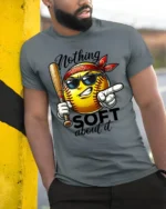 Aggressive Yellow Softball Nothing Soft About It Graphic Tee - model wearing grey tee, leaning on column