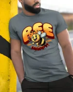 Cute Bee Kind Bee Happy Inspirational Positive Quote Tshirt - model wearing grey tee, leaning on column