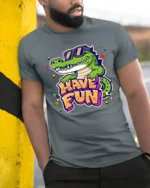 Joyful Crocodile Have Fun Sunglasses Retro Graphic Tshirt - model wearing grey tee, leaning on column