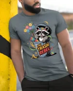 Funny Trash Rebel Raccoon Garbage Can Flower Graphic Tee - model wearing grey tee, leaning on column
