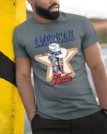 Country Liberty American Babe Cowboy Boots Western Graphic Tee - model wearing grey tee, leaning on column