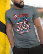 Festive Happy Fourth Of July Star Spangled Celebration Tee - model wearing grey tee, leaning on column