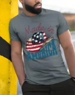 Country Pride Made In America Cowboy Hat Patriotic Graphic Tee - model wearing grey tee, leaning on column