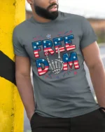 Rock On Star Spangled Banner Skeleton Hand Patriotic Tee - model wearing grey tee, leaning on column