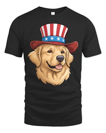 Patriotic Golden Retriever Dog Uncle Sam Hat Graphic Tee - black t-shirt on white background
