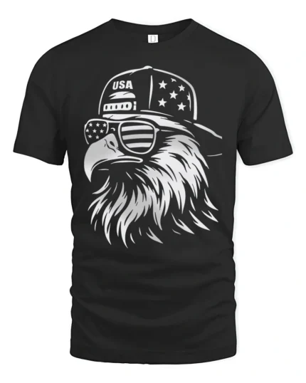 Monochrome Cool Eagle Backward Cap Patriotic Graphic Tshirt - black t-shirt on white background
