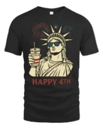 Lady Liberty Sunglasses Happy 4th Fireworks Graphic Tshirt - black t-shirt on white background