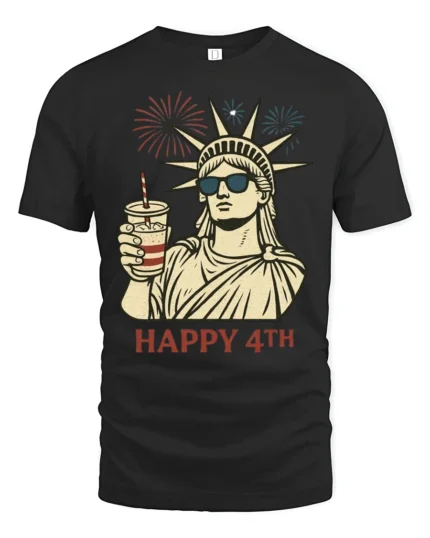 Lady Liberty Sunglasses Happy 4th Fireworks Graphic Tshirt - black t-shirt on white background