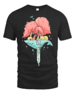 Dreamy Floating Whale Waterfall Island Fox Nature Graphic Tee - black t-shirt on white background