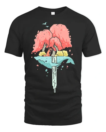 Dreamy Floating Whale Waterfall Island Fox Nature Graphic Tee - black t-shirt on white background