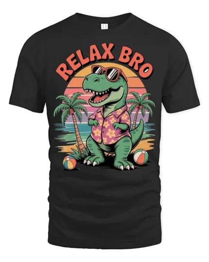 Comical Relax Bro Hawaiian Shirt Dinosaur Summer Graphic Tee - black t-shirt on white background