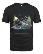 Paranormal Canoe Trip Bigfoot Alien Mountain Graphic Tee - black t-shirt on white background