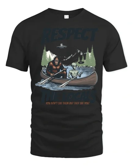 Paranormal Canoe Trip Bigfoot Alien Mountain Graphic Tee - black t-shirt on white background