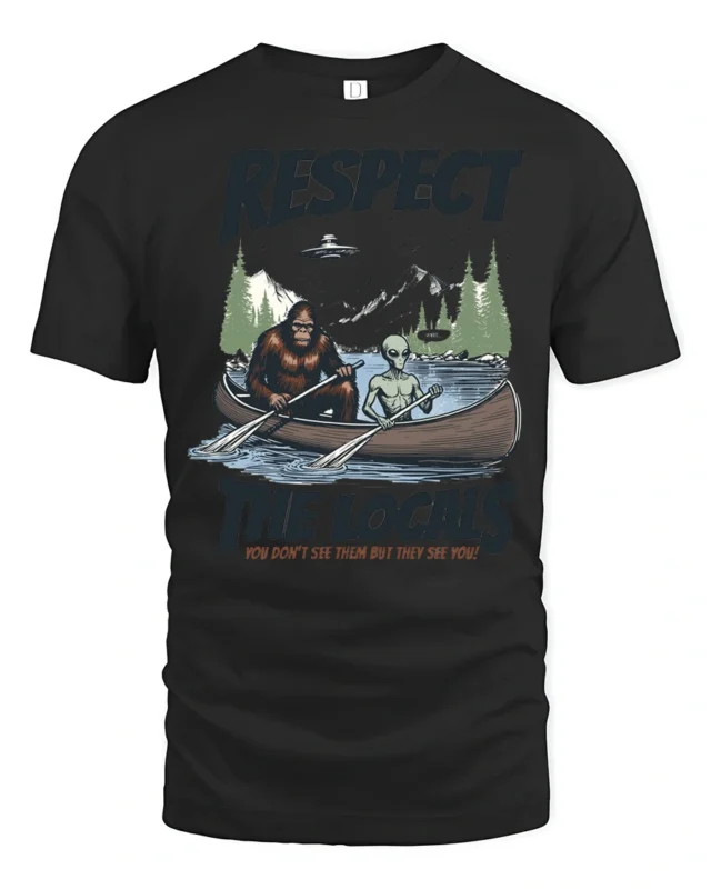 Paranormal Canoe Trip Bigfoot Alien Mountain Graphic Tee - black t-shirt on white background