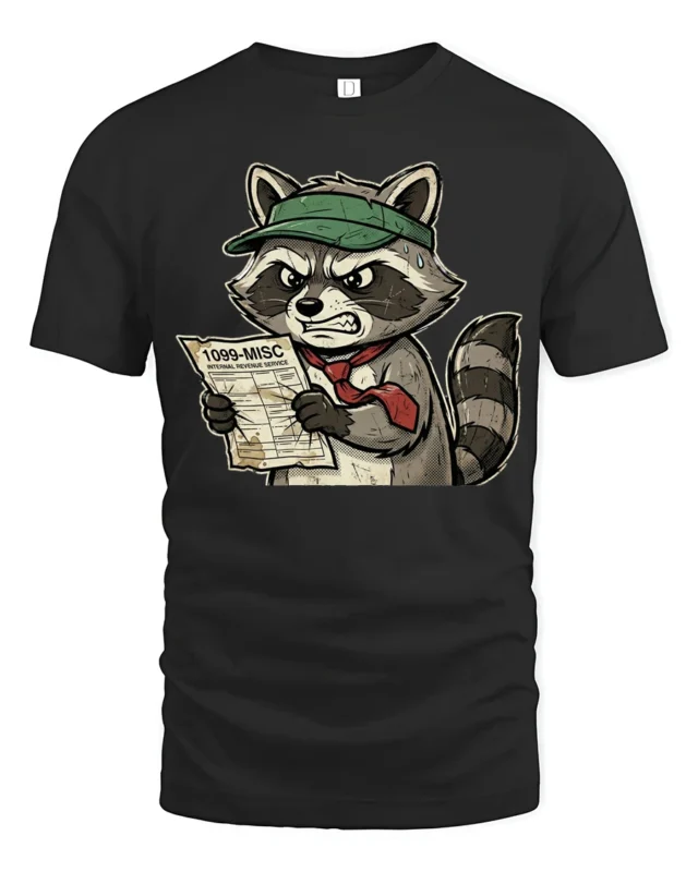 Furious Tax Season Raccoon 1099 Paperwork Funny Graphic Tee - black t-shirt on white background