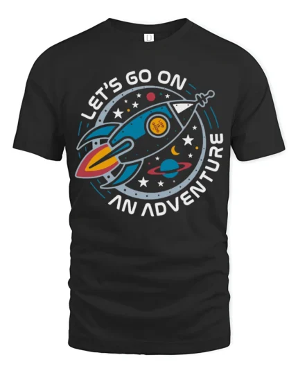 Celestial Rocket Let’s Go On An Adventure Space Graphic Tee - black t-shirt on white background