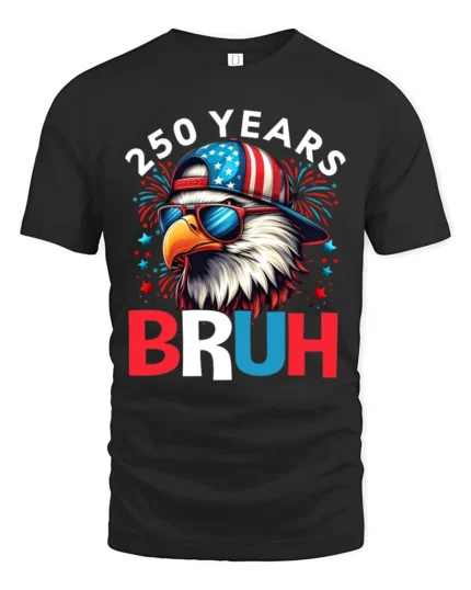 Patriotic Bruh Eagle Backward Hat Fireworks Graphic Tee - black t-shirt on white background
