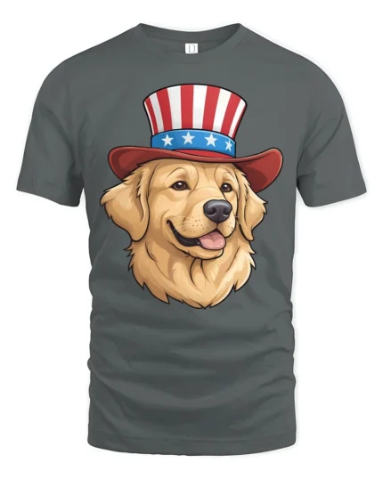 Patriotic Golden Retriever Dog Uncle Sam Hat Graphic Tee - gray t-shirt on white background