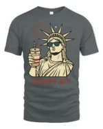 Lady Liberty Sunglasses Happy 4th Fireworks Graphic Tshirt - gray t-shirt on white background