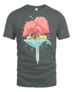 Dreamy Floating Whale Waterfall Island Fox Nature Graphic Tee - gray t-shirt on white background
