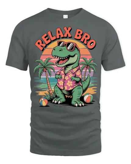 Comical Relax Bro Hawaiian Shirt Dinosaur Summer Graphic Tee - gray t-shirt on white background