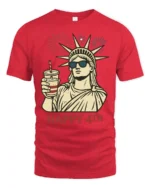 Lady Liberty Sunglasses Happy 4th Fireworks Graphic Tshirt - red t-shirt on white background