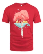 Dreamy Floating Whale Waterfall Island Fox Nature Graphic Tee - red t-shirt on white background