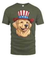 Patriotic Golden Retriever Dog Uncle Sam Hat Graphic Tee - military green t-shirt on white background