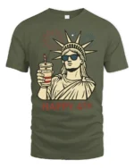 Lady Liberty Sunglasses Happy 4th Fireworks Graphic Tshirt - military green t-shirt on white background