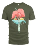 Dreamy Floating Whale Waterfall Island Fox Nature Graphic Tee - military green t-shirt on white background