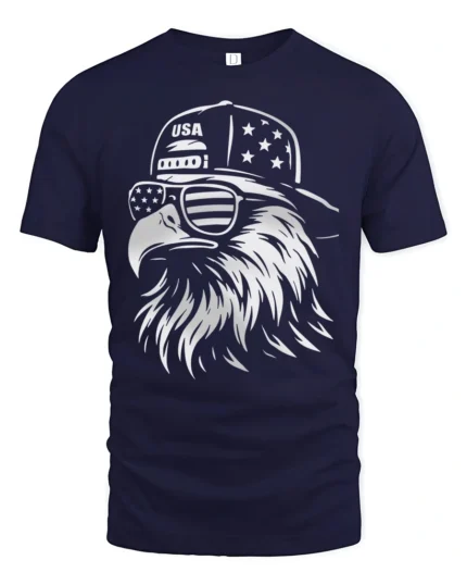 Monochrome Cool Eagle Backward Cap Patriotic Graphic Tshirt - navy t-shirt on white background