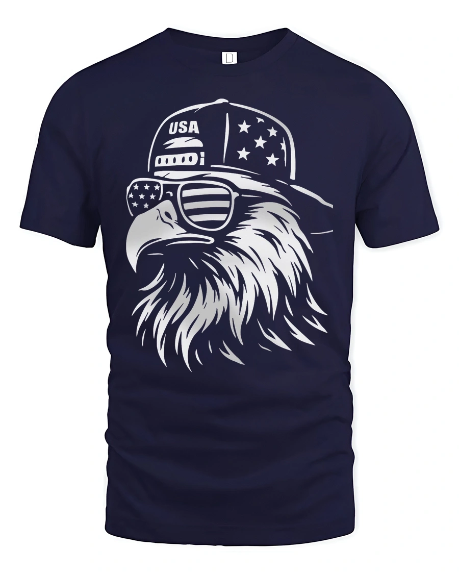 Monochrome Cool Eagle Backward Cap Patriotic Graphic Tshirt - 1 Monochrome Cool Eagle Backward Cap Patriotic Graphic Tshirt - navy t-shirt on white background