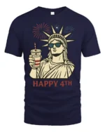 Lady Liberty Sunglasses Happy 4th Fireworks Graphic Tshirt - navy t-shirt on white background