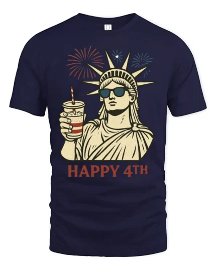Lady Liberty Sunglasses Happy 4th Fireworks Graphic Tshirt - navy t-shirt on white background