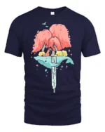 Dreamy Floating Whale Waterfall Island Fox Nature Graphic Tee - navy t-shirt on white background