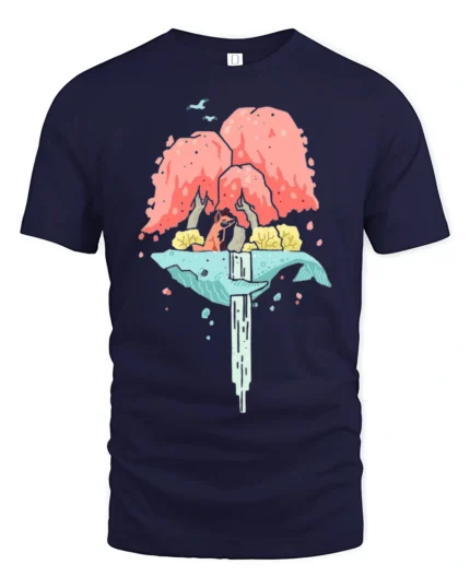 Dreamy Floating Whale Waterfall Island Fox Nature Graphic Tee - navy t-shirt on white background