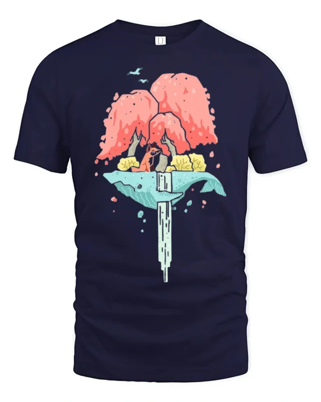 Dreamy Floating Whale Waterfall Island Fox Nature Graphic Tee - navy t-shirt on white background