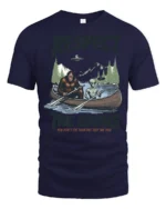 Paranormal Canoe Trip Bigfoot Alien Mountain Graphic Tee - navy t-shirt on white background